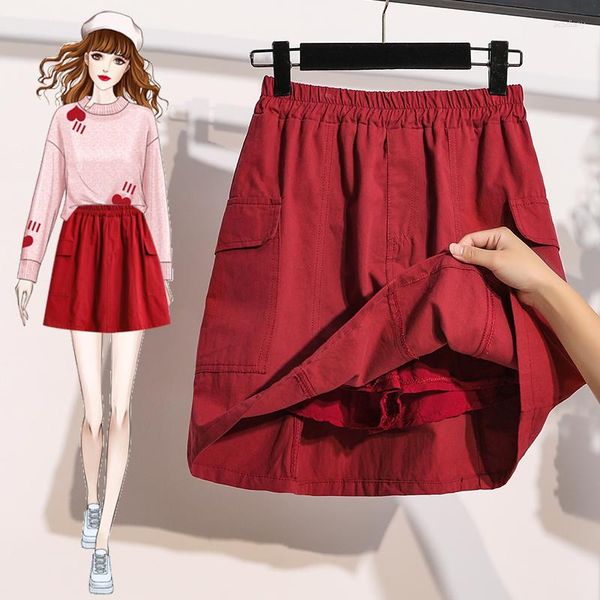 Röcke Japan Stil Baumwolle Denim Casual Süße Basice Mode Einfarbig Breite Bein Tasche Frauen Sommer 2023 Elastische Taille X7834