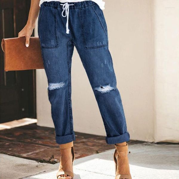 Calças jeans femininas 2023 Autumn Wish com cordão elástico na cintura perfurada jeans casual para mulheres roupas azuis