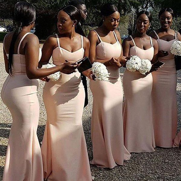 Vestidos elegantes para damas de honra rosa blush africano vestido de dama de honra com alças espaguete e vestido de festa de casamento justo Custo264u
