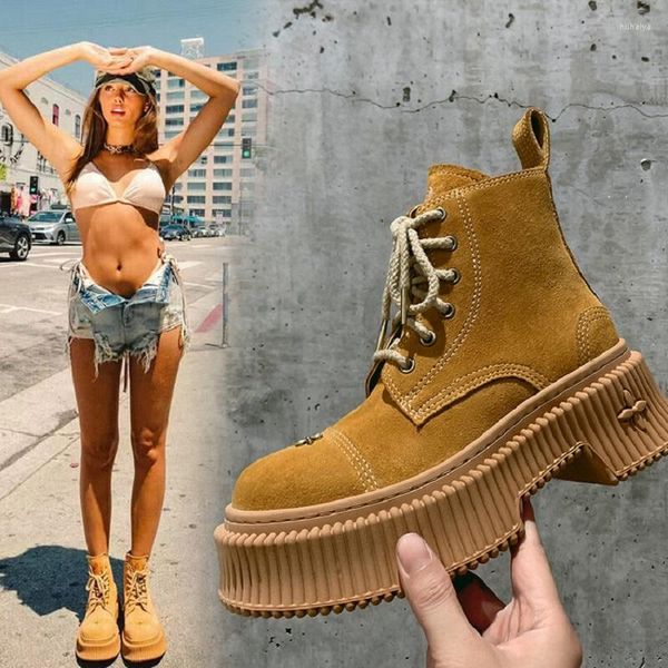 Botas PETITE GIRL Grande Amarelo Couro Feminino Estilo Britânico Retro com Cadarço Salto Pesado Cabeça Redonda Moda Curto Motocicleta