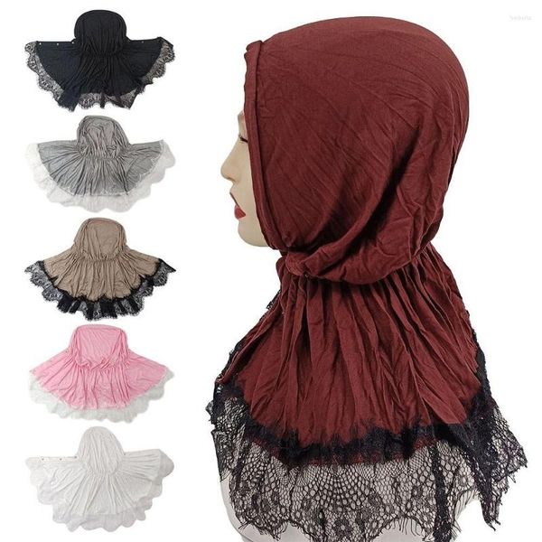 Bandanas Muslimischen Spitze Knopf Schal Frauen Lange Einfarbig Kopf Wrap Für Hijabs Schals Damen Hals Abdeckung Sonnenhut