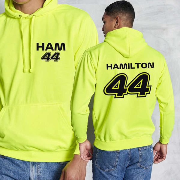 EO1T 2023 Формула -1 Мужские толстовок моды F1 Racing Team Lewis Hamilton Ham44 Флуоресцентные графические графические женщины с капюшоном с длинными рукавами.