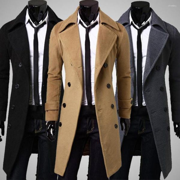 Erkek ceketler çift göğüslü uzun trençkot yün yün erkekler düz renkli sonbahar kış rüzgar geçirmez kalın ceket rüzgar kırıcı