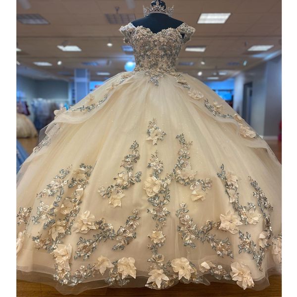 Beige Princess Ball Gown Милая Quinceanera Dress D Applique Applique День рождения вечеринка сладкое vestidos de anos