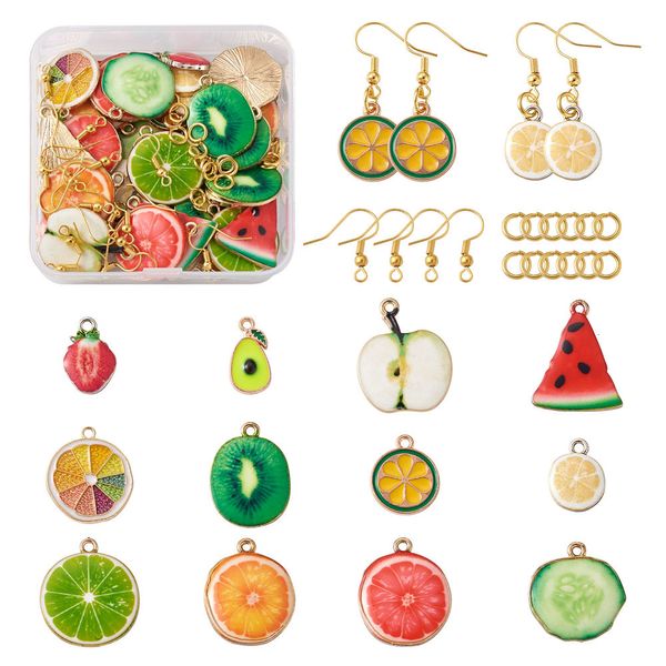 Lucite de plástico acrílico 144 pçs/caixa DIY Brincos com tema de frutas Kits para fazer com liga de esmalte Pingentes Brinco de latão Ganchos Fechados mas não soldados Anéis de salto 230809