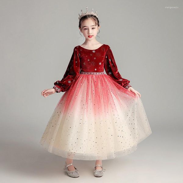 Mädchen Kleider Pailletten Knöchellang O-Ausschnitt Elegant Volle Ärmel Ballkleid Tüll Kinder Party Kommunion Für Hochzeiten A2187