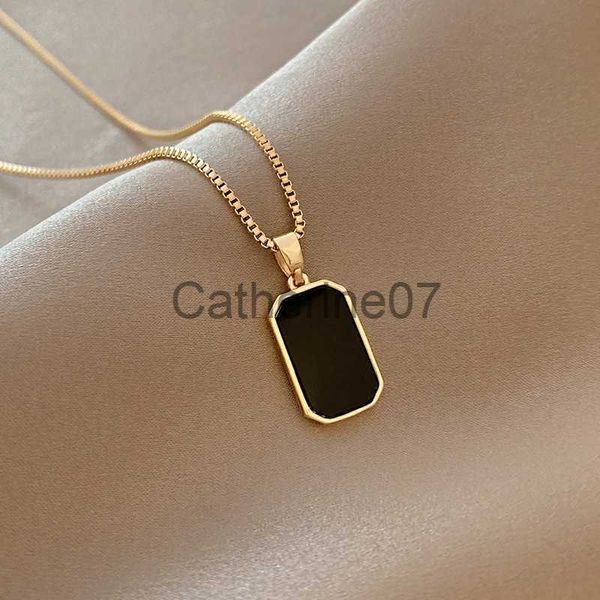 Anhänger Halsketten DIEYURO 316L Edelstahl Minimalistischer rechteckiger Anhänger Korean Black Epoxy Damen Gold Halskette Exquisiter langer Schmuck Geschenk J230809