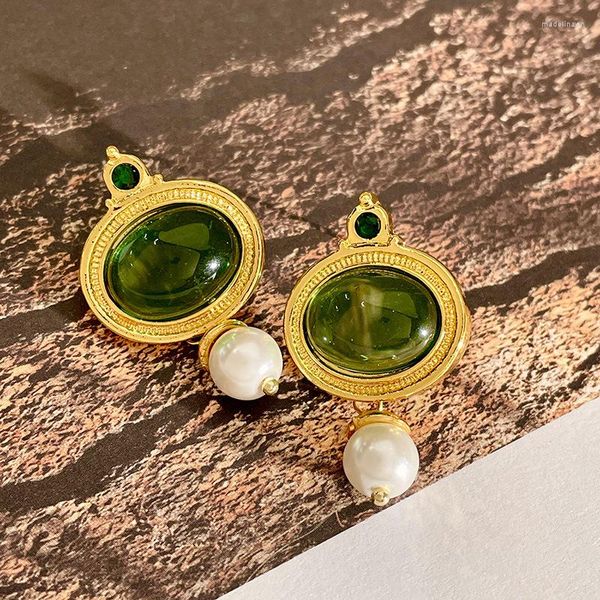 Brincos Esmeralda Francesa em Forma Oval Vintage Imitação de Pérola Pendientes Acessórios de Moda Modernos