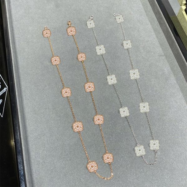Colar de diamantes de marca feminino banhado a ouro 18 quilates prata 925 cheio de diamantes cristal trevo colar de corrente com pingente quadrado
