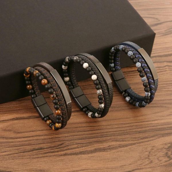 Charm Armbänder Mode Schwarz Braun Blau 3 Farben Perlen Leder Mehrschichtiges Geflochtenes Armband Für Männer Edelstahl Zubehör Urlaub