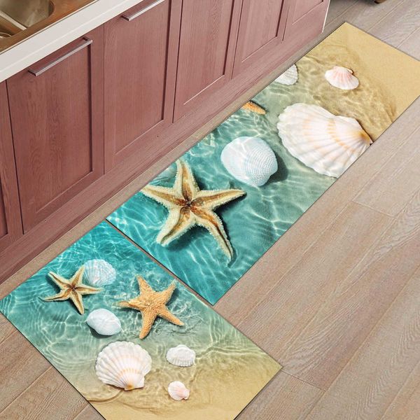 Strand Meer Seestern Muscheln Grün Küchenmatte Lang Schlafzimmer Eingang Fußmatte Zuhause Wohnzimmer Teppich Badezimmer Rutschfester Teppich HKD230809