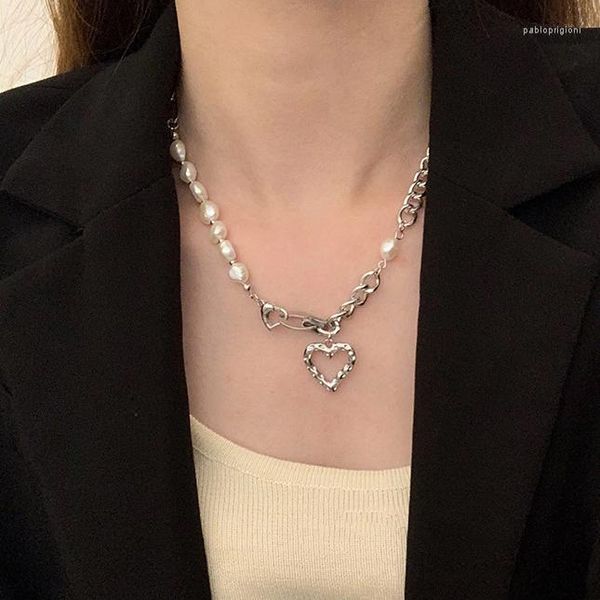 Подвески 925 Стерлинговая серебряная полость сердца асимметрия жемчужного подвесного ожерелья Кокер для женской девушки