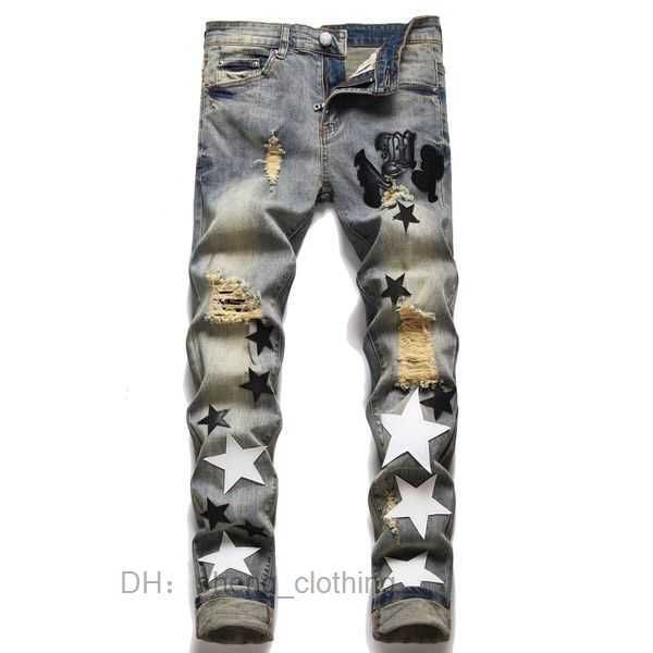 Amri Jeans Tasarımcı Erkek Kot pantolon Yüksek Sokak Deliği Yıldız Yaması Kadın Panel Pantolonlar Ssans-Fit Pantolon Boyutu 29/30/31/32/33/36/38/40/42 4 KFEW