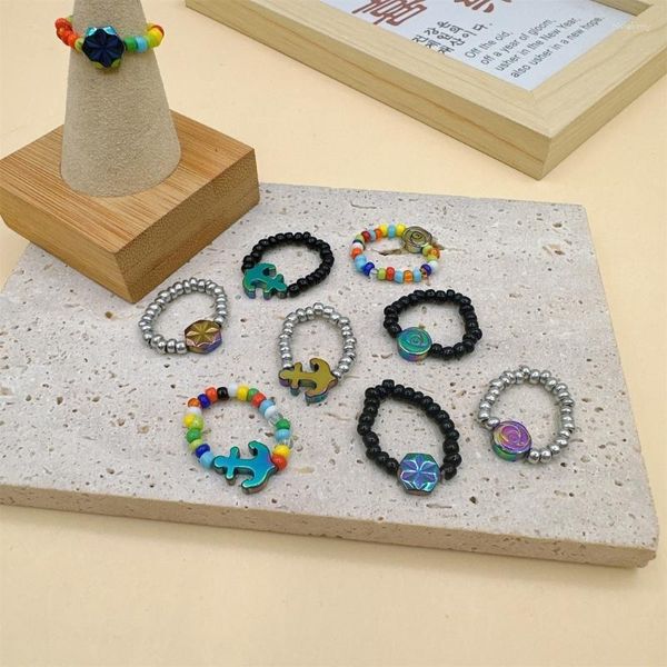 Cluster-Ringe, Blumen-Anker, Stern-Perlen-Ring, handgefertigt, dehnbar, Party-Schmuck, modisch, stapelbar, Geschenk für Frauen und Mädchen