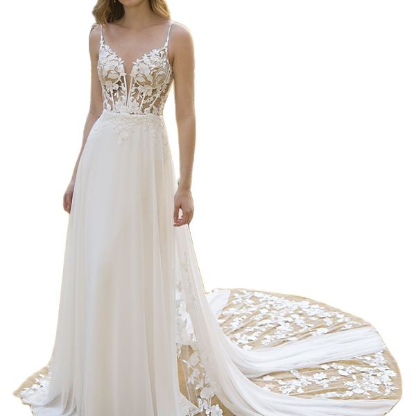 Una linea avorio abito da sposa in chiffon arrivo pizzo senza maniche illusione corpetto sexy vestido de noiva romantico appliques spiaggia da sposa G246e