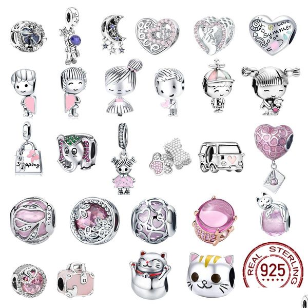 Argento 925 Sterling Ciondola Charm Rose Girl Boy Pink Sparkle Spacer Clip Bead Fit Pandora Charms Bracciale Gioielli fai da te Accessori Drop Dhdre