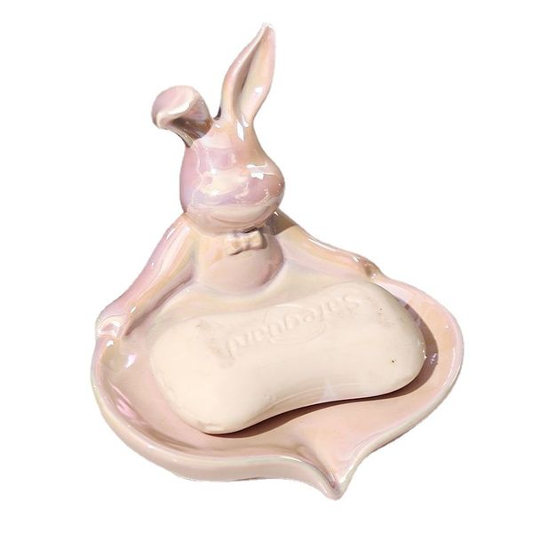 Portasapone piccolo coniglio Creativo in ceramica per la casa WC Bagno Lavaggio a mano Scarico da tavolo Portasapone Rack di stoccaggio Nessuna perforazione