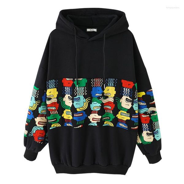 Kadın Hoodies Sonbahar Siyah Baskı Genç Kızlar İçin Siyah Baskı Uzun Kollu Gevşek Pullove Lady Hooded Sweatshirt Sıradan Moda Kadın Top