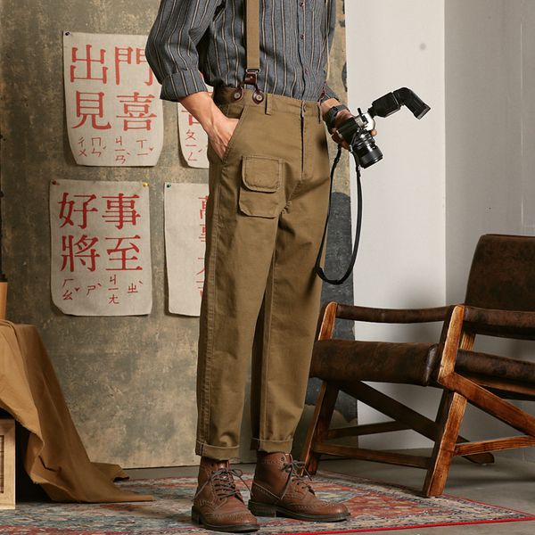 Pantaloni da uomo Salopette casual giapponese Bretelle elastiche per ragazzi da uomo Tuta kaki Pantaloni dritti larghi Pantaloni da uomo vintage per il tempo libero 230808