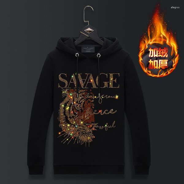 Erkek Hoodies Sweatshirt 2023 Tiger Rhinestones Kalın Erkekler Moda Sokak Giyim Kemeri Kapşonlu Kapşonlu Mens Kış Giysileri Ropa Para Hombre