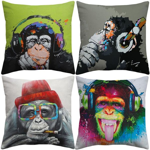 Hipster Chic Gorilla Monkey Cushion Covers Thinking Gorilla Painting Art Cuscino Camera da letto Federa decorativa in lino2902