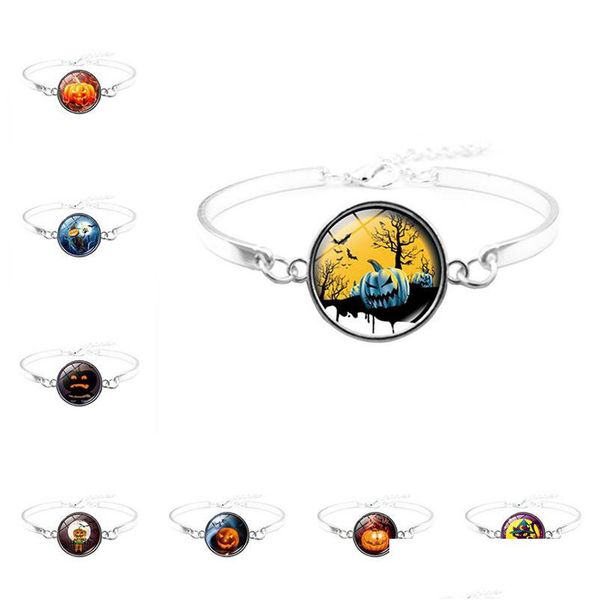 Braccialetti con ciondoli Happy Halloween Gift Dolcetto o scherzetto Bracciale zucca per donna Uomo Vetro Cabochon Bat Bangle Gioielli di moda Goccia Deli Dhlgu