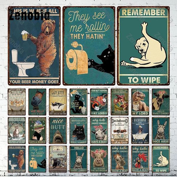 Engraçado Cat Metal Sign Cute Pet Iron Painting Bathtub Roll Paper Shark Animals Black Cat Metal Poster Decorativo Placa De Estanho Placa Vintage Decoração Do Banheiro 30X20CM w01