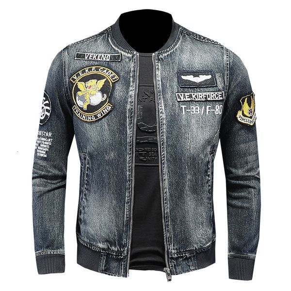 Jaqueta Masculina Bomber Jacket Peso Pesado Bordado Denim Casaco Beisebol Gola Jeans Da Motocicleta Flight Cowboy Masculino 230809