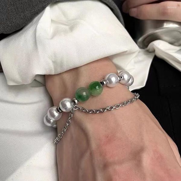 Link Pulseiras Imitação Pérola Jade Camada Dupla Titânio Aço Estilo Chinês Pulseira de Emenda para Casal Masculino e Feminino Acessório de Jóias