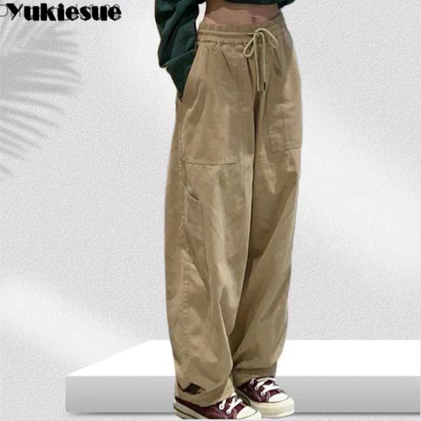 Damenhose, Caprihose, Retro-Cargohose, Damen-Khaki-Hose mit weitem Bein, Damen-Harajuku-Taschen-Sporthose, Hip-Hop-Hose, Kordelzug, Streetwear-Hose, Z230809