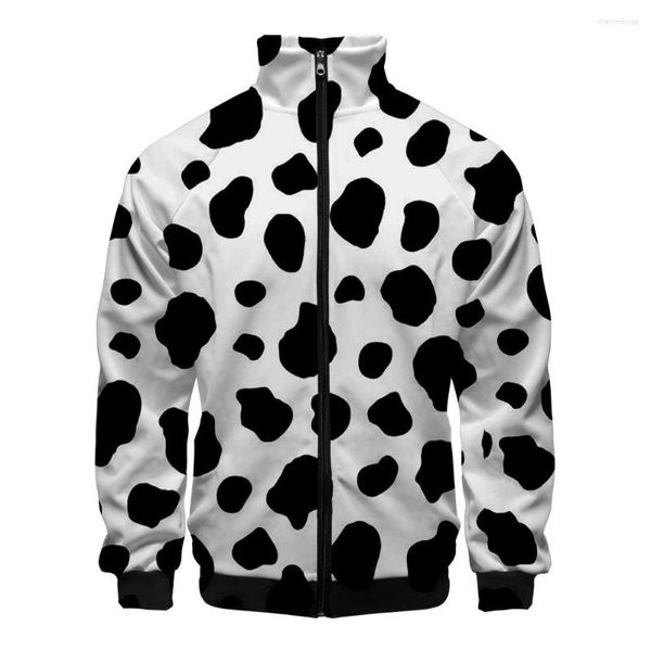 Jaquetas masculinas casacos preto e branco padrão de vaca 3D gola alta jaqueta masculina feminina com capuz com zíper roupas casuais de manga longa