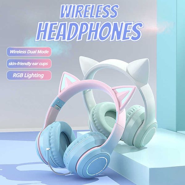 ECHOME Cuffie wireless Illuminazione RGB Cat Ear Bluetooth Dual Mode Simpatico supporto per cuffie da gioco Spina da 3,5 mm con microfono staccabile HKD230809