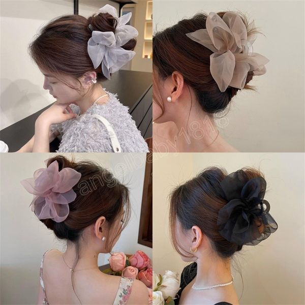 New Big Bowknot Hair Claw Per le donne Ragazze Black Mesh Tulle Crab Hair Pinze Barrettes Tornante Accessori per capelli coreani per le donne