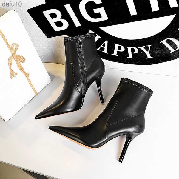 BIGTREE 2023 Nuovo Disegno Donne Nere Sexy Stivali con tacco alto Femminile Stivaletti In Pelle Superficie Morbida Tacchi A Spillo Scarpe L230704