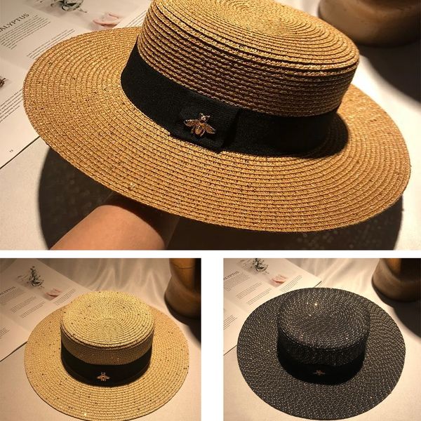 Designer de aba larga chapéus balde chapéus pequena abelha plana mulheres primavera e verão jazz aba larga palha net vermelho viagem protetor solar britânico top hat crsw