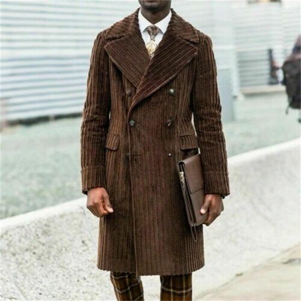 Ternos masculinos de veludo cotelê marrons, sobretudos, smoking, lapela, blazer, negócios, casaco longo, inverno, personalizável, jaqueta