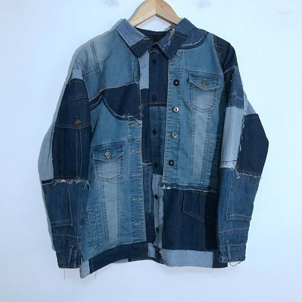 Jaquetas masculinas outono desconstruído jeans patchwork bordas irregulares original à prova de desgaste streetwear casaco Tide Creativity 21Z1014