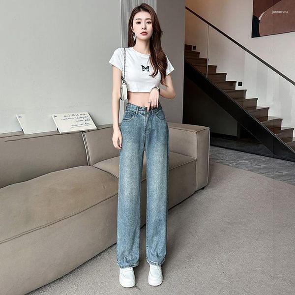 Damen Jeans Retro Drape High-Waist Slim Straight Wide-Leg Women Baggy