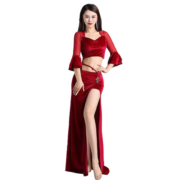 Traje de danza del vientre Sexy para mujer, ropa de espectáculo de danza Oriental, manga con volantes franceses, falda larga con abertura lateral, hilo de agua brillante