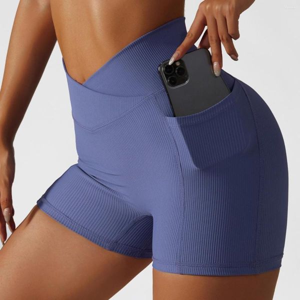 Shorts esportivos ativos com bolsos femininos cintura em V Calças de yoga 3/8 calças de ginástica respiráveis roupas de ciclismo Mallas Cortas Mujer