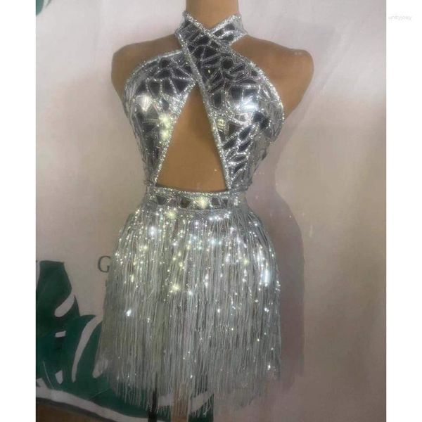 Стадия ношения Sparkly Silver Sequin Fringe Short Dress 2 ПК Сстаньте женские день рождения сексуальный ночной клуб без спинки костюм ночного клуба