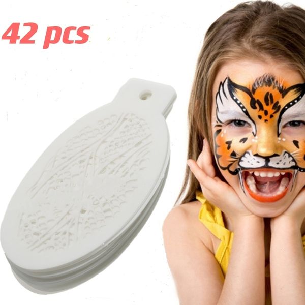 Tinta Corporal Branco 42Pcsset Estênceis de Pintura Facial Modelos de Arte Profissional Anjo Arco-íris Pontos Escala Leopardo Ferramentas de Maquiagem de Plástico 230808