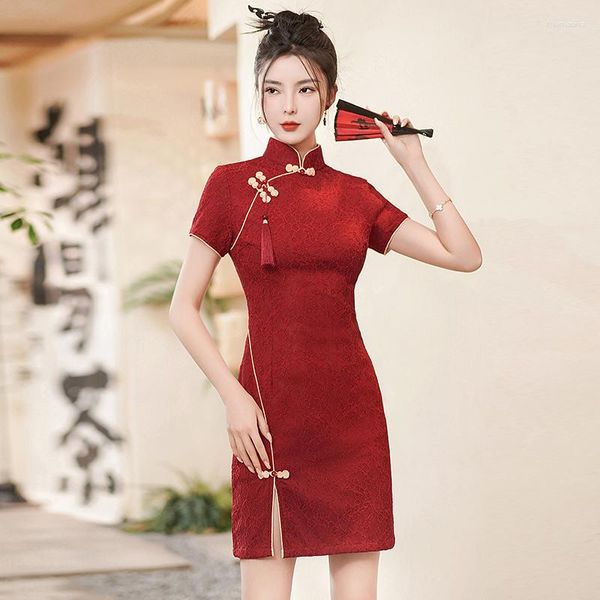 Etnik Giyim Kadınlar Kısa Kollu Kırmızı Dantel Cheongsam Yaz Gelin Tost Qipao Elbise