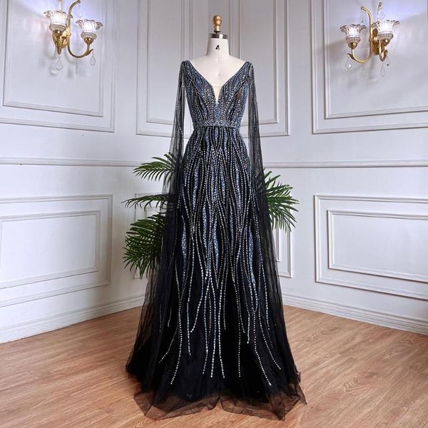 Abiti da festa Serene Hill Arabo Nero A Line Cape Maniche con scollo a V Abiti da sera lunghi con perline Per le donne Matrimonio 2023 LA71960