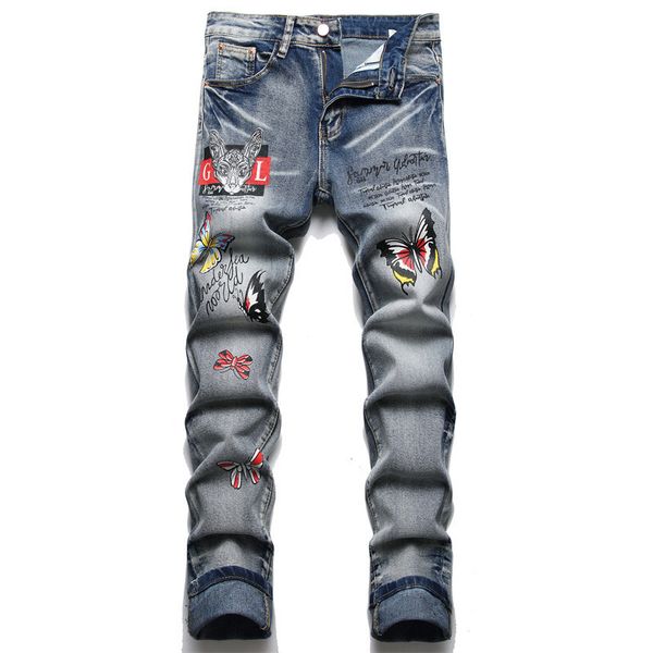 Mens Jeans Rock punk style design Printed Blue Digital Print Stretch Denim Pants Fashion Slim Tapered Trousers jeans 230809