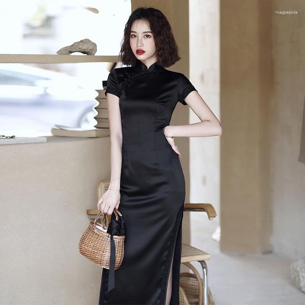 Abbigliamento etnico Vintage Black Stand Collar Fessura laterale Manica corta Abito cheongsam Donna Vestidos Elegantes Para Mujer Banchetto orientale