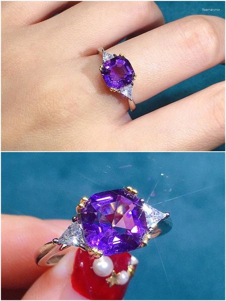 Cluster Rings Bling Purple Austrian Crystal Amethyst Gemstones Diamonds For Women 18k White Gold Silver Color Bague Fine Jewelry Trendy