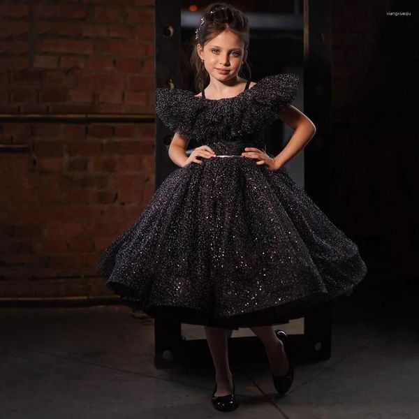 Vestidos para meninas Meninas Princesas Festa Tule Cintilante Corte em A Comprimento Chá Vestido de Primeira Comunhão Vestido de Noiva Preto Flor