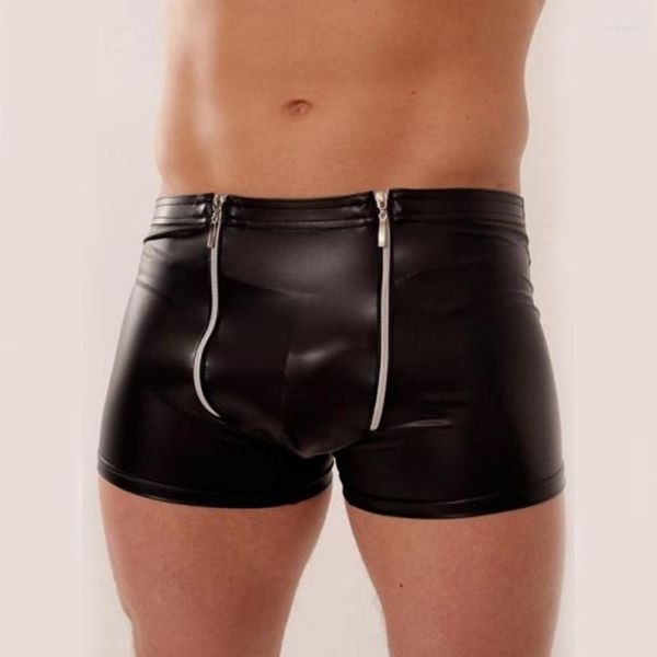 Cuecas Homem Preto Bainha Calças de Vinil Roupa de Dormir Lingerie Sexy Zíper Couro Homens Boxers W850545