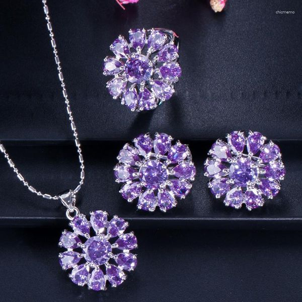 Ketting Oorbellen Set ThreeGraces Romantische Paarse Zirconia Grote Bloem Stud Ring Wedding Engagement Sieraden Voor Vrouwen JS623